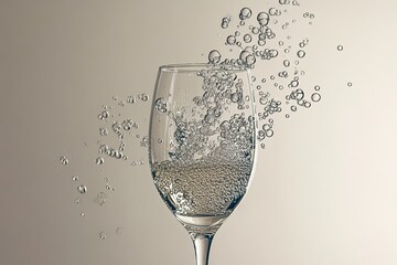 Poster - Crystal Champagne Glass Floats Gracefully as Bubbles Defy Gravity in a Surreal Minimalistic Setting