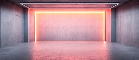 Poster - A minimalist concrete room illuminated by soft neon lights, showcasing modern design.