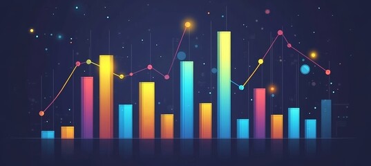 Poster - Financial Data Concept With Column Chart And Vibrant Line Graph Overlays On Dark Background