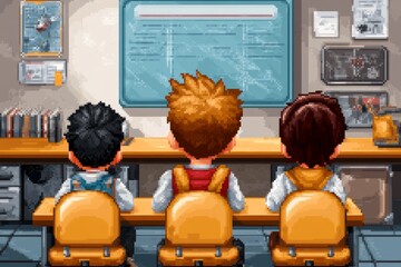 Poster - A pixelated 8-bit classroom with students sitting at pixel desks and a teacher in front