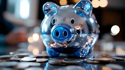 Poster - Shiny blue transparent piggy bank with coins scattered underneath, captured with soft bokeh lights background creating financial savings atmosphere.