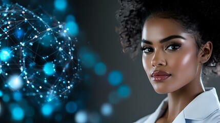 Poster - Young African American female scientist or tech professional with natural curly hair near glowing blue digital network sphere visualization against dark background.