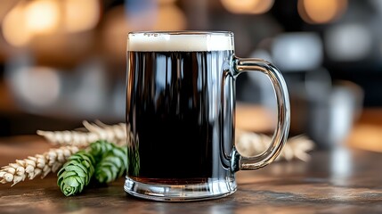 Poster - Glass mug of dark craft beer with fresh hop cones and wheat ears on wooden table against blurred pub background, foam head on top of stout ale.