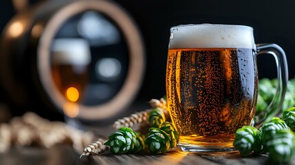 Poster - Fresh craft beer in glass with foam head surrounded by green hop cones on dark rustic background with barrel. Cold condensation droplets on mug.