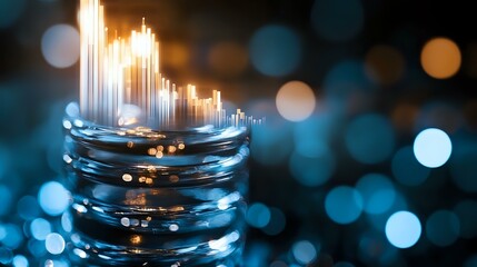 Poster - Glowing light streams rise from metallic rings against dark blue bokeh background, creating futuristic technological atmosphere for business and innovation concepts.