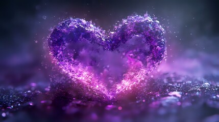 Poster - Magical glowing heart shape formed by purple sparkles and light particles against dark background with bokeh effect, romantic fantasy atmosphere.