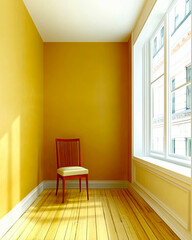 Poster - Modern Minimalist Chair in Lime Cream Color Enhances Tranquility in a Softly Lit Empty Room