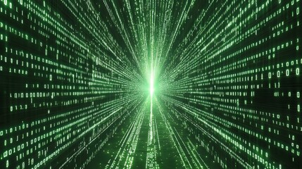 Poster - Digital matrix code streaming in green light with perspective tunnel effect and binary numbers flowing on black background for technology concept.
