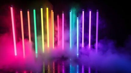 Poster - Captivating abstract image featuring a mesmerizing display of neon lights glowing fluorescent tubes and dynamic patterns in a variety of vibrant colors