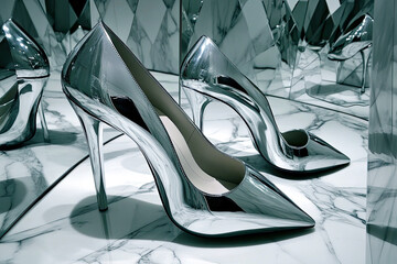 Poster - Elegance Embodied in Mirror High Heels Reflecting a World Without Colors