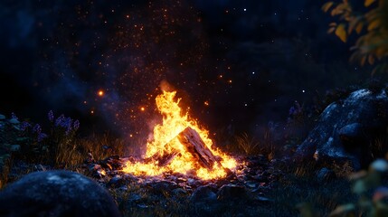 Poster - Captivating Campfire Ablaze in the Enchanting Nighttime Forest   Glowing Flames Illuminating the Serene Wilderness amid the Towering Trees