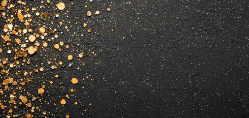 Poster - A textured black background adorned with sparkling golden glitters for creative use.