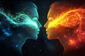Wall Mural - two glowing, digital human faces face one another, surrounded by a soft, radiant aura symbolizing lo