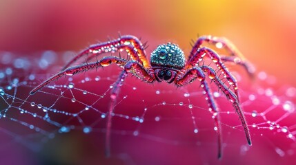 Dew-covered spider on web, vibrant background, nature macro