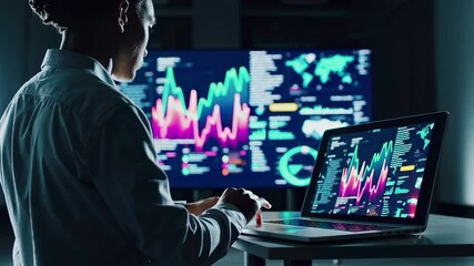 Aufkleber - Data analyst working on a laptop with various charts and graphs displayed on a large screen in the background, showcasing data analysis in action, all in slow motion