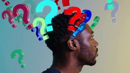 Aufkleber - Pensive man pondering various questions, symbolized by colorful question marks floating above his head, representing decision making, problem solving, and seeking answers