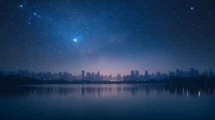 Poster - A stunning panoramic night view of a city skyline featuring skyscrapers illuminated by lights.