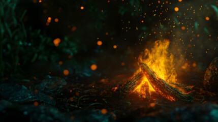 Poster - Blurry Captivating image of a large crackling bonfire burning brightly in a serene forest landscape at night  Flickering flames and glowing embers create a warm