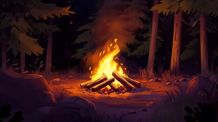 Poster - Captivating image of a roaring campfire illuminating the serene forest at night  Warm flames dance amidst the towering trees creating a cozy