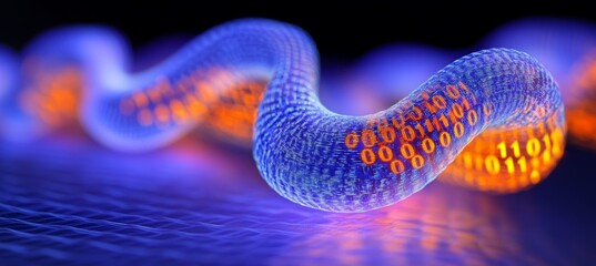 Poster - Abstract Glowing Blue and Orange Stream Of Binary Code Data, Representing Digital Information Flow.