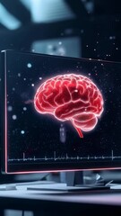 Poster - Medical animation showing a rotating human brain displayed on a computer screen in a laboratory, useful for illustrating concepts related to neuroscience, neurology, and healthcare