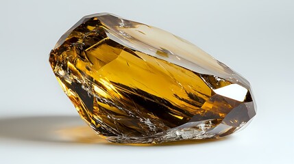 Poster - Faceted amber crystal gemstone with sharp edges and geometric cuts casting shadow on light background, showcasing brilliance and transparency in luxury jewelry design.