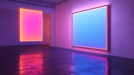 Aufkleber - Vibrant neon frames in pink and blue colors illuminating a minimalist contemporary art gallery interior with empty wall space