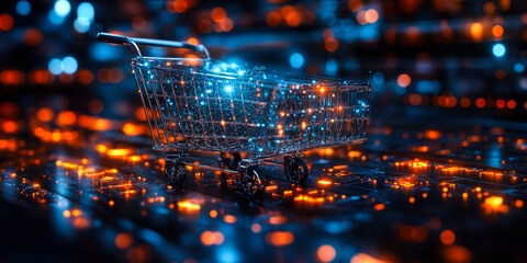 Poster - digital shopping cart with ai technology enhancing modern retail experience in a futuristic environm