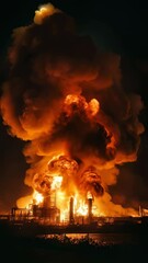 Poster - Huge flames and thick smoke rising from a burning petrochemical plant at night, creating a dramatic and devastating scene of industrial disaster