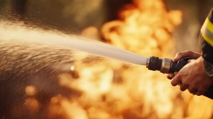 Poster - Firefighter using a fire hose, spraying water to extinguish flames in a burning forest area, working diligently to prevent further damage and ensure safety for all