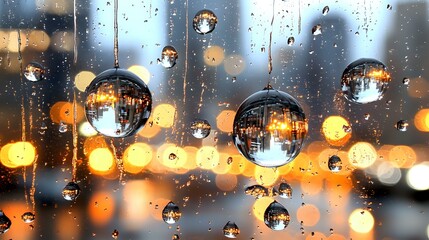 Poster - Raindrops on window glass create natural lens effect with blurred city lights, forming magical spherical reflections against evening bokeh background.