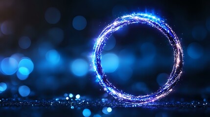 Poster - Glowing magical circle with sparkling blue light particles and bokeh effect on dark background creates mystical atmosphere for fantasy designs.