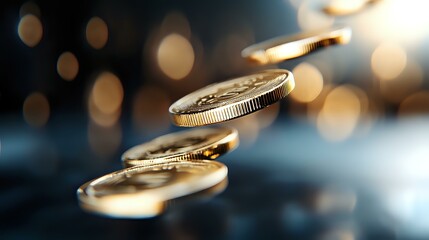 Poster - Golden coins falling in air with blurred bokeh lights background, dramatic lighting creates luxury financial concept for wealth and investment success.
