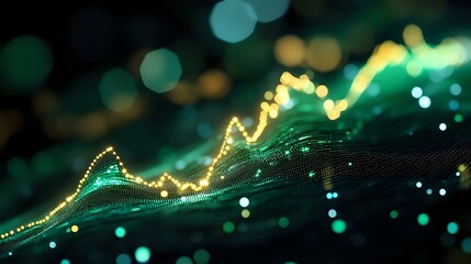Poster - Glowing green financial chart line showing upward market trend against dark background with bokeh lights and digital particles effect.