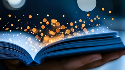 Poster - Open book with magical glowing sparkles and golden light particles floating above pages against dark background, creating mystical reading atmosphere.