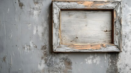 Aufkleber - Vintage distressed wooden frame with peeling paint and weathered details on a textured grungy concrete wall  Empty space for copy or text overlay