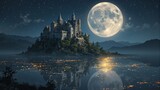 Enchanting castle hovering over golden lake in moonlight Perfect for fairytale backgrounds