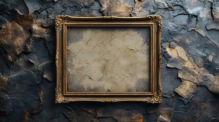 Poster - Vintage golden frame hanging on a weathered stone wall with a grungy distressed texture and peeling paint creating a backdrop for artwork or display