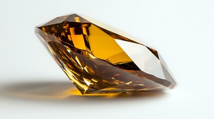Poster - Amber colored gemstone with brilliant facets casting shadows on white surface, luxury jewelry element photographed in macro with soft lighting and reflection.