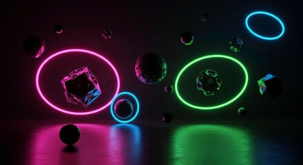 Poster - Neon Glowing Orb and Cube Abstract:  A mesmerizing abstract 3D render featuring vibrant neon pink and green glowing circles encircling crystalline cubes and spheres.