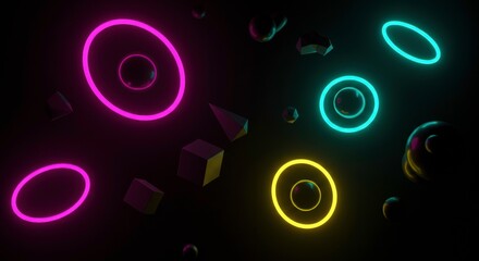 Poster - Neon Geometric Abstract: A captivating abstract composition featuring vibrant neon rings and geometric shapes suspended in a dark void, creating a futuristic and surreal atmosphere.