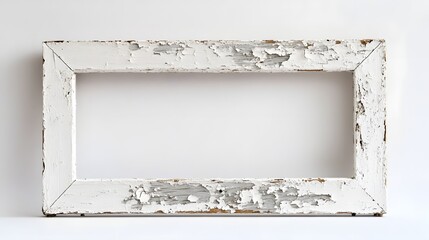 Poster - Vintage Rustic Weathered Wooden Picture Frame with Cracked and Peeling Paint Texture on Plain White Wall Background Empty Copy Space for Display or Interior Design