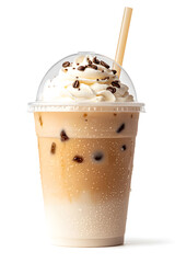 Sticker - Iced coffee with whipped cream in a plastic takeaway cup isolated on a white background