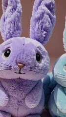 Poster - Three adorable fluffy bunnies sitting close together against a soft pink background.