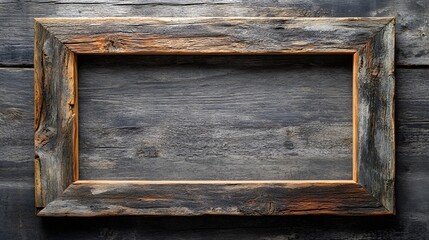 Poster - Vintage Rustic Wooden Photo Frame Hanging on Distressed Wooden Wall Background  Grunge Textured Natural Wood Planks with Copy Space for Mockup or Template