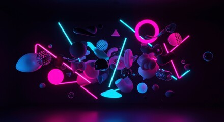 Poster - neon dreamscape: a vibrant explosion of color and shape, featuring glowing neon lines, geometric for