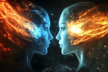 Wall Mural - wo beautiful and radiant human faces with radiant radiance, one male and the other female, with thei
