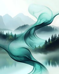 Wall Mural - A serene landscape featuring ethereal smoke-like wisps in teal swirling through a tranquil forest and misty mountains, creating a peaceful and dreamlike atmosphere.