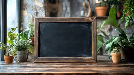 Aufkleber - Vintage wooden chalkboard frame with potted plants on a rustic wooden table in front of a window  Blank space for your message announcement or creative design
