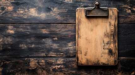 Leinwandbilder - Vintage Wooden Clipboard Placed on Dark Rustic Wooden Table Background  Empty Space for Copy or Text  Retro Grunge Texture Flat Lay Style  Office Education Business Concept